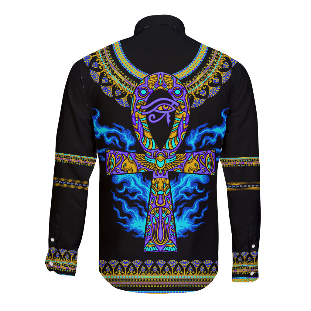 Egyptian Ankh Golden Blue Fire Long Sleeve Button Shirt - Wonder Print Shop