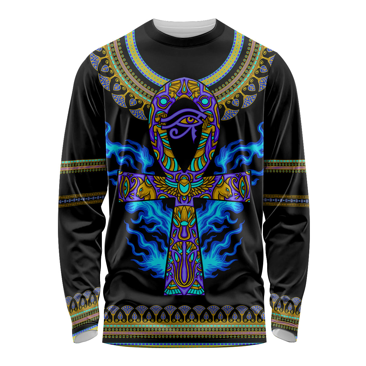 Egyptian Ankh Golden Blue Fire Long Sleeve Shirt - Wonder Print Shop
