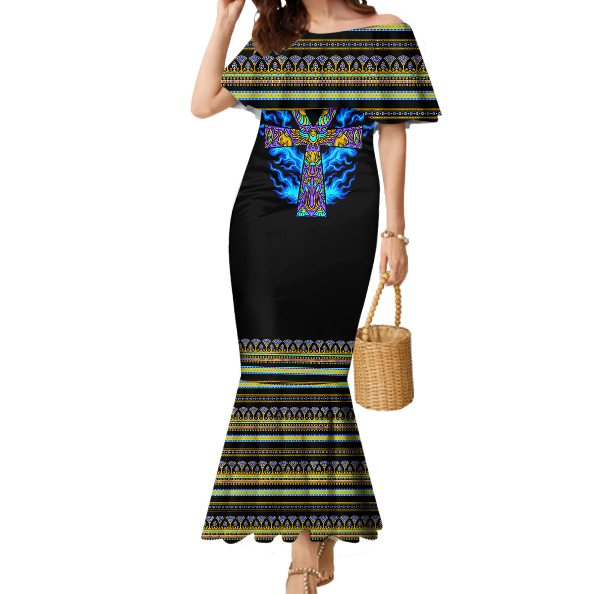 Egyptian Ankh Golden Blue Fire Mermaid Dress - Wonder Print Shop