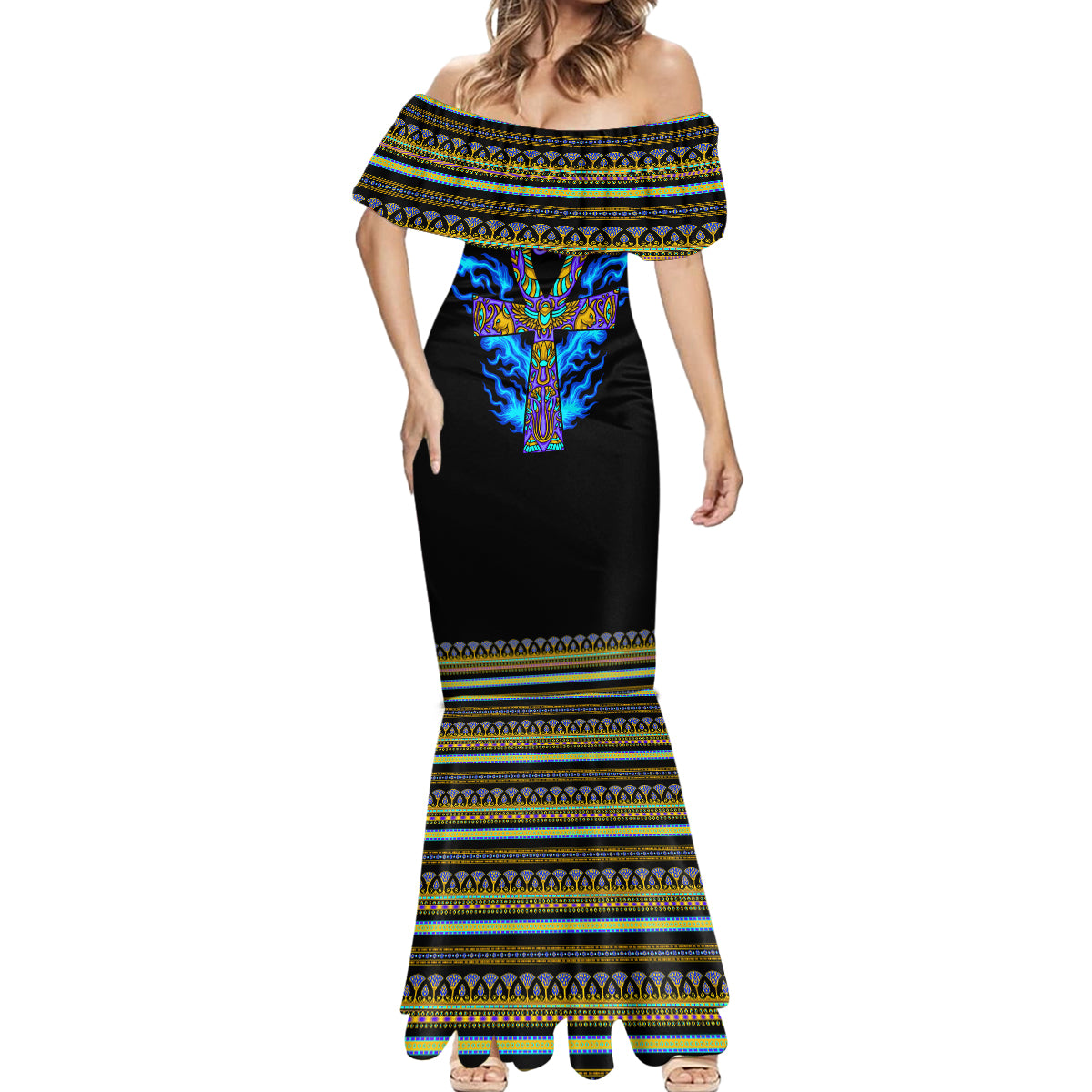 Egyptian Ankh Golden Blue Fire Mermaid Dress - Wonder Print Shop