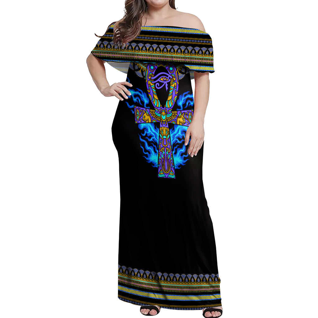 egyptian-ankh-golden-blue-fire-off-shoulder-maxi-dress