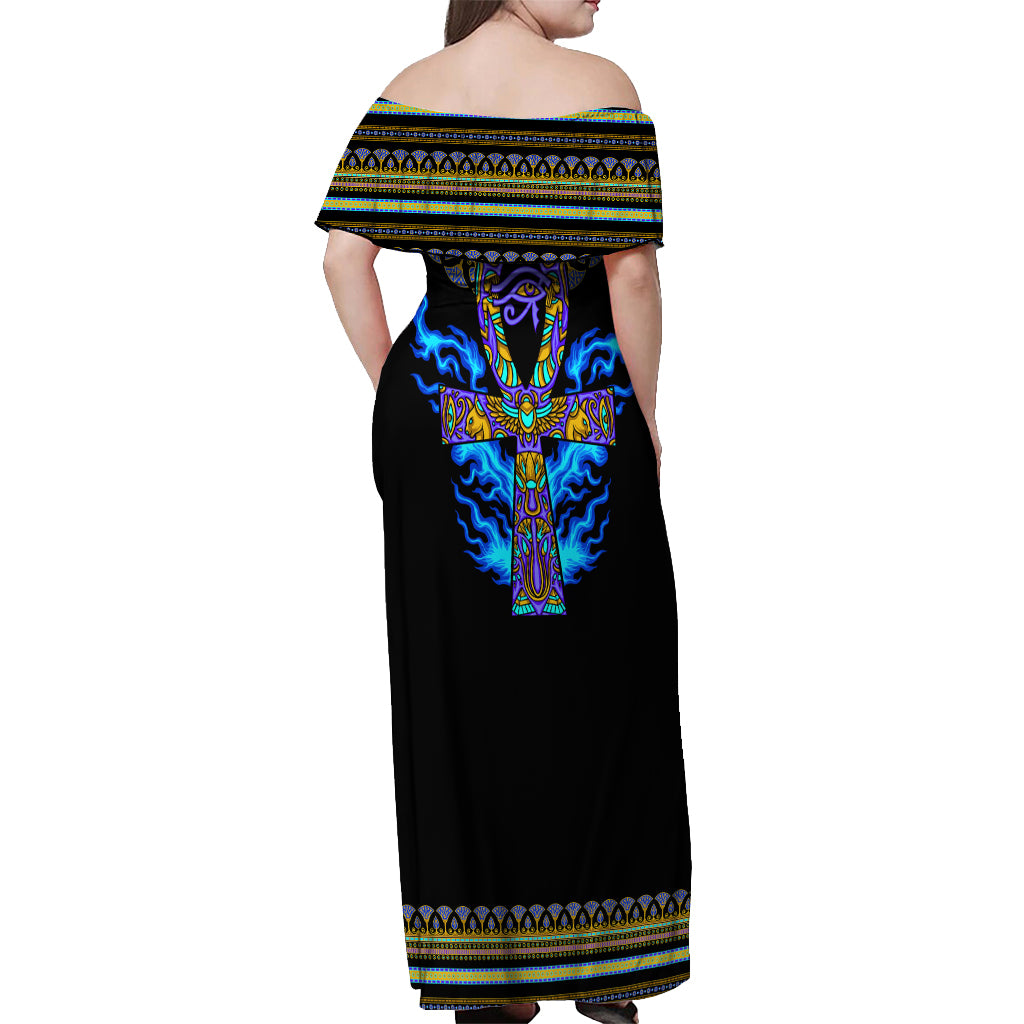Egyptian Ankh Golden Blue Fire Off Shoulder Maxi Dress - Wonder Print Shop