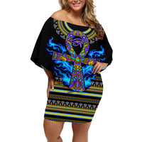 Egyptian Ankh Golden Blue Fire Off Shoulder Short Dress - Wonder Print Shop
