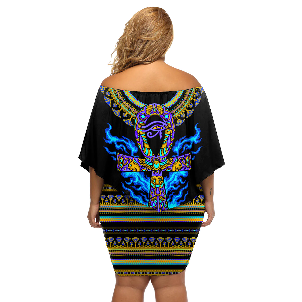 Egyptian Ankh Golden Blue Fire Off Shoulder Short Dress - Wonder Print Shop