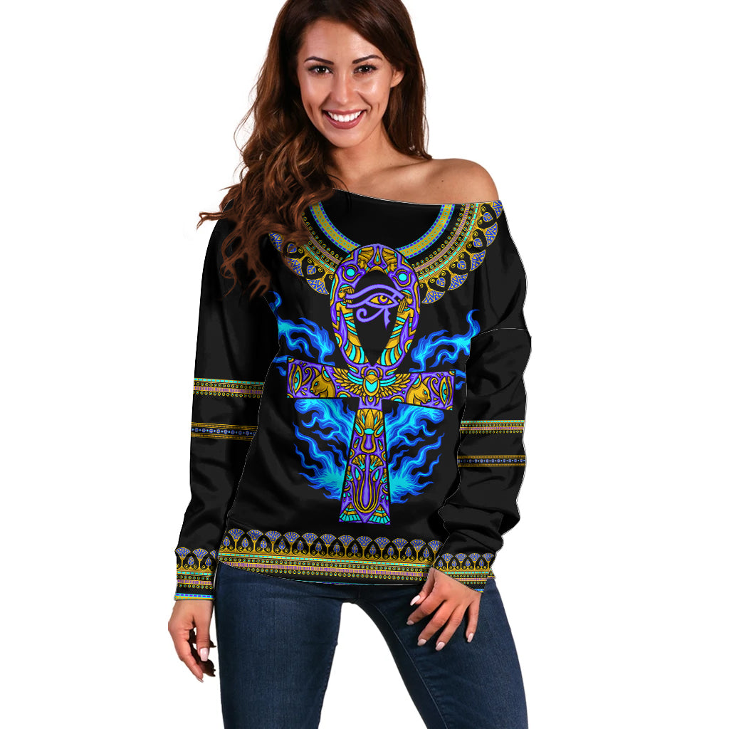 Egyptian Ankh Golden Blue Fire Off Shoulder Sweater - Wonder Print Shop