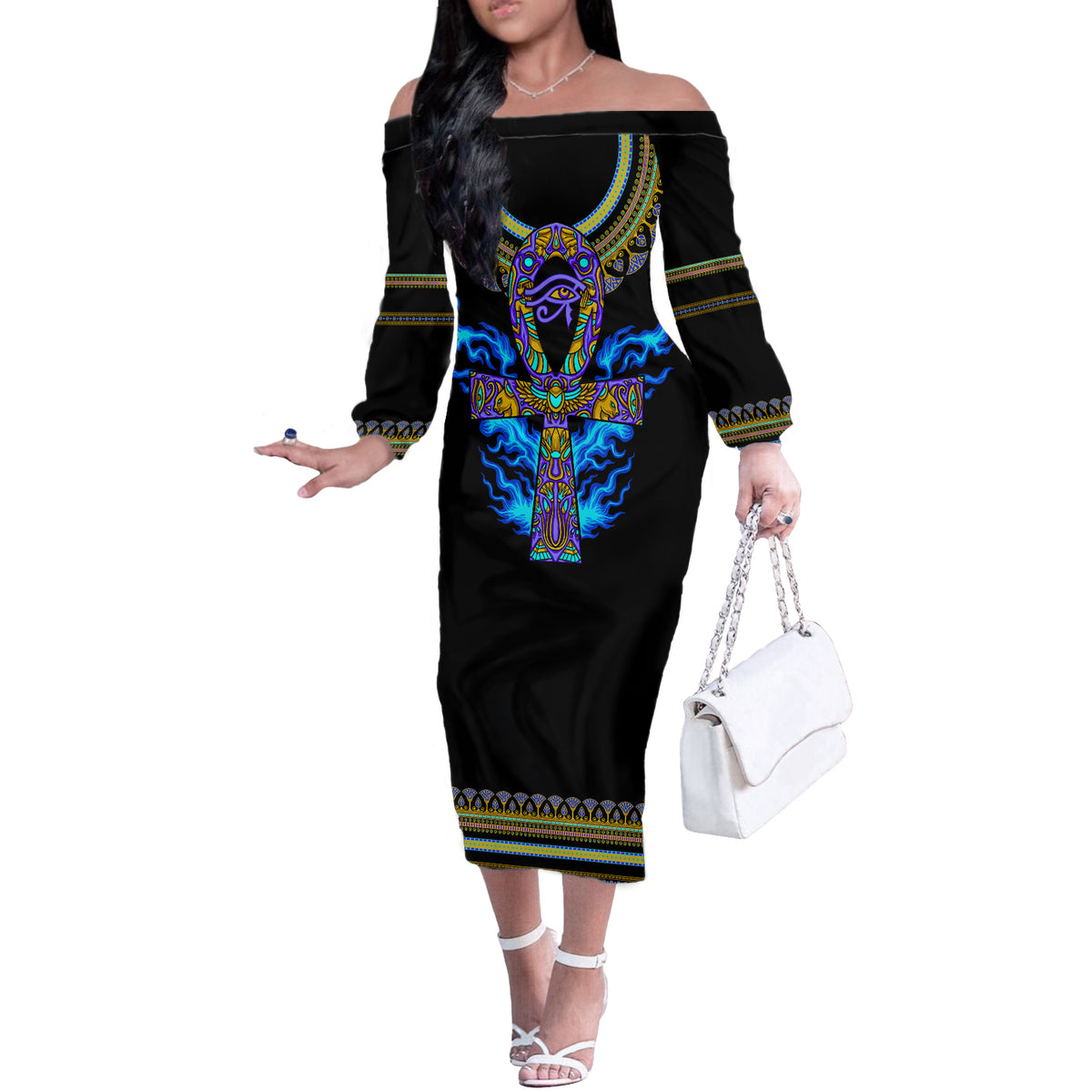 Egyptian Ankh Golden Blue Fire Off The Shoulder Long Sleeve Dress - Wonder Print Shop