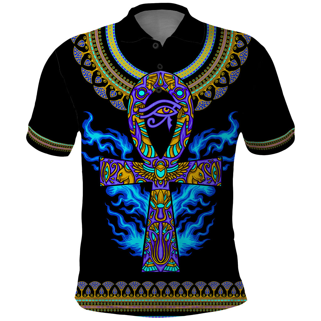 Egyptian Ankh Golden Blue Fire Polo Shirt - Wonder Print Shop