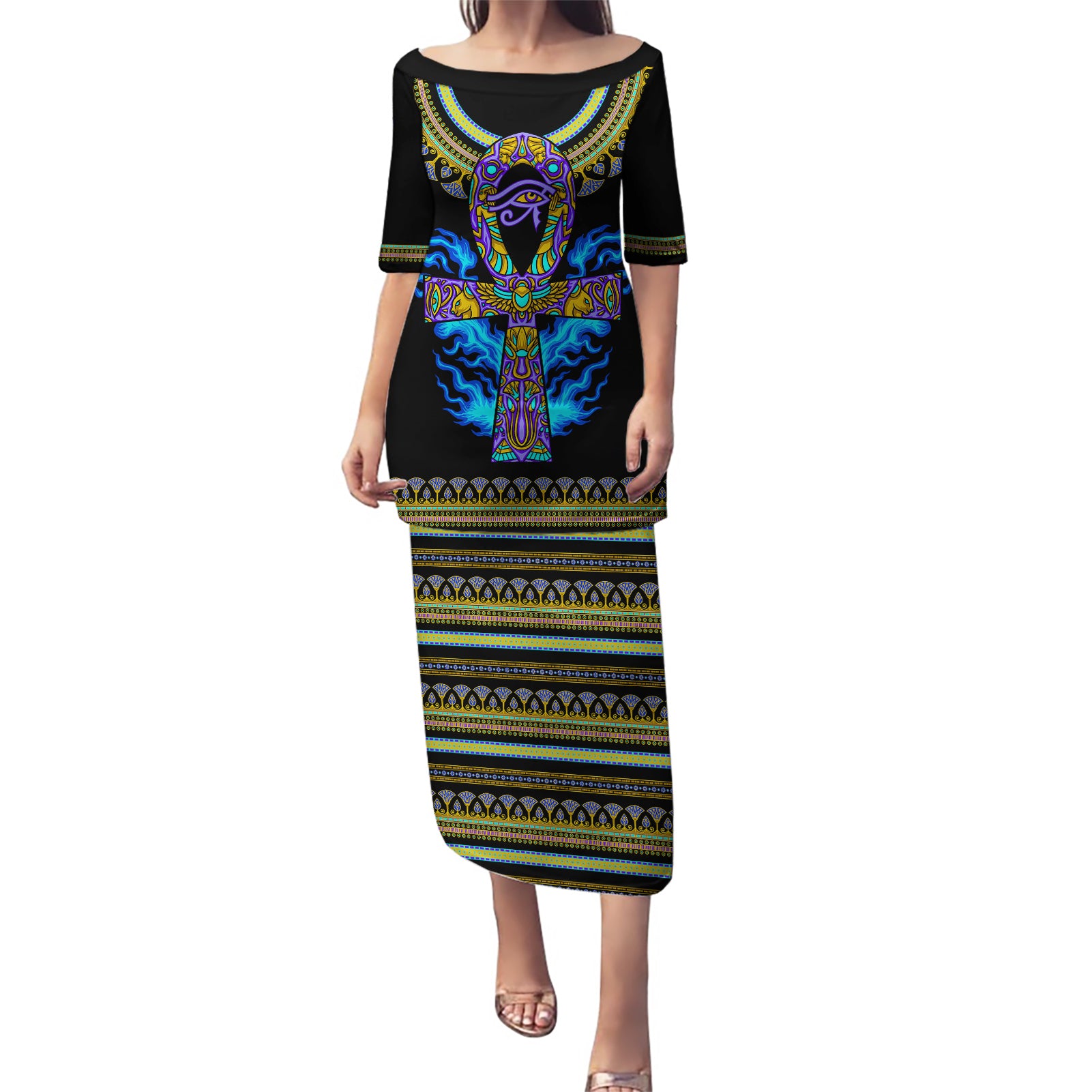 Egyptian Ankh Golden Blue Fire Puletasi - Wonder Print Shop