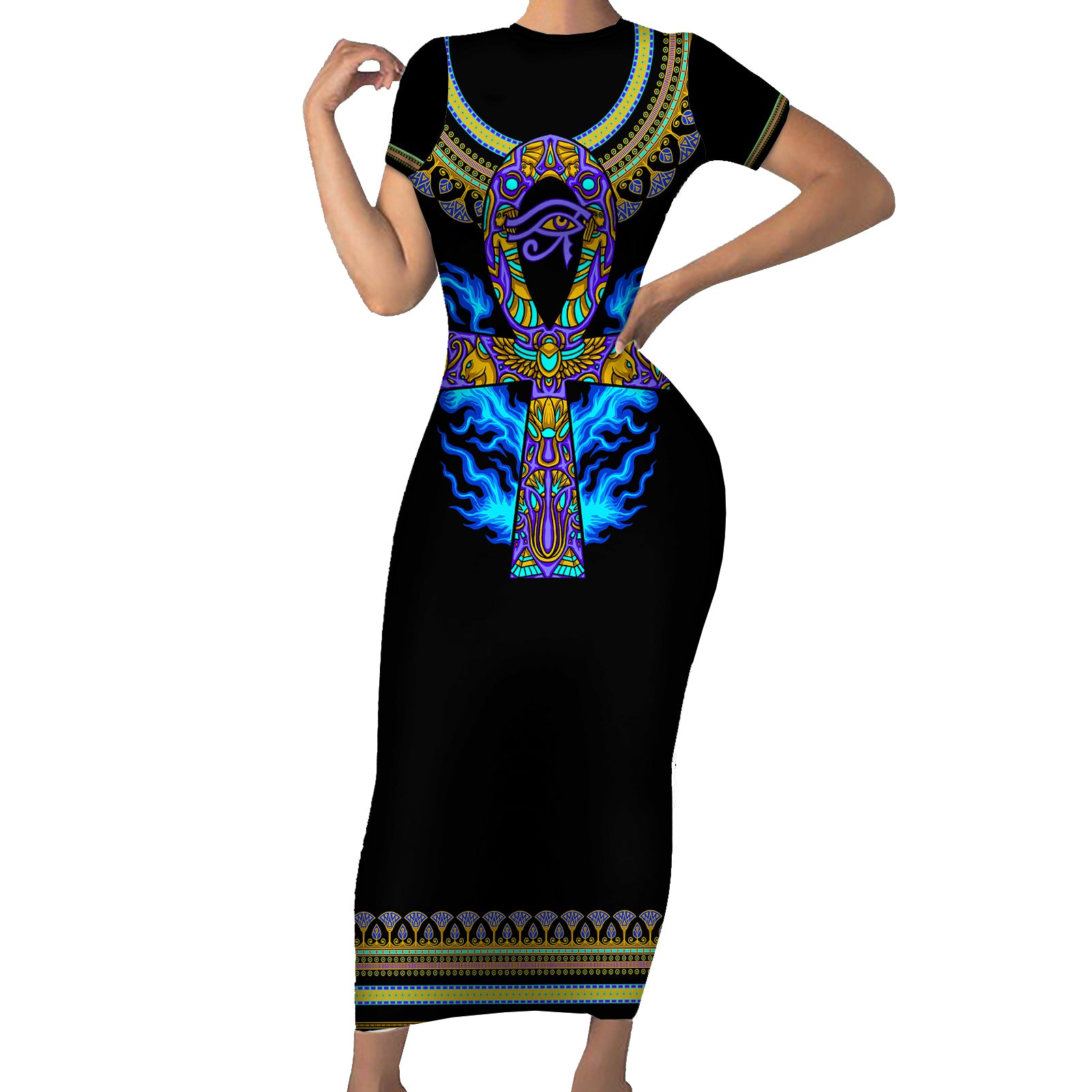 Egyptian Ankh Golden Blue Fire Short Sleeve Bodycon Dress - Wonder Print Shop