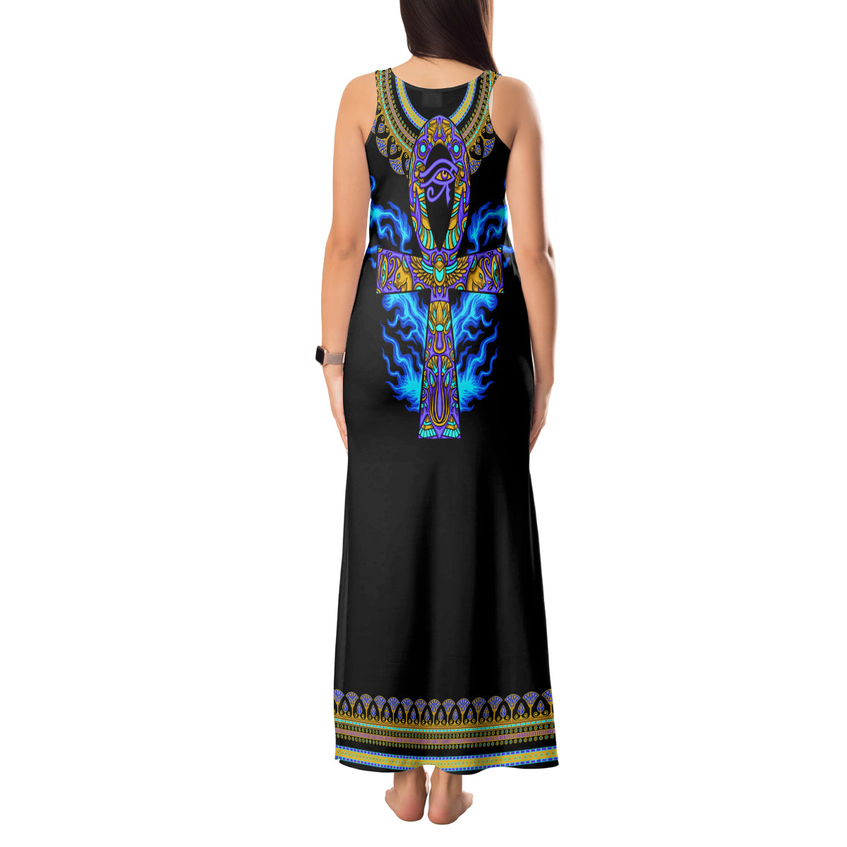 Egyptian Ankh Golden Blue Fire Tank Maxi Dress - Wonder Print Shop