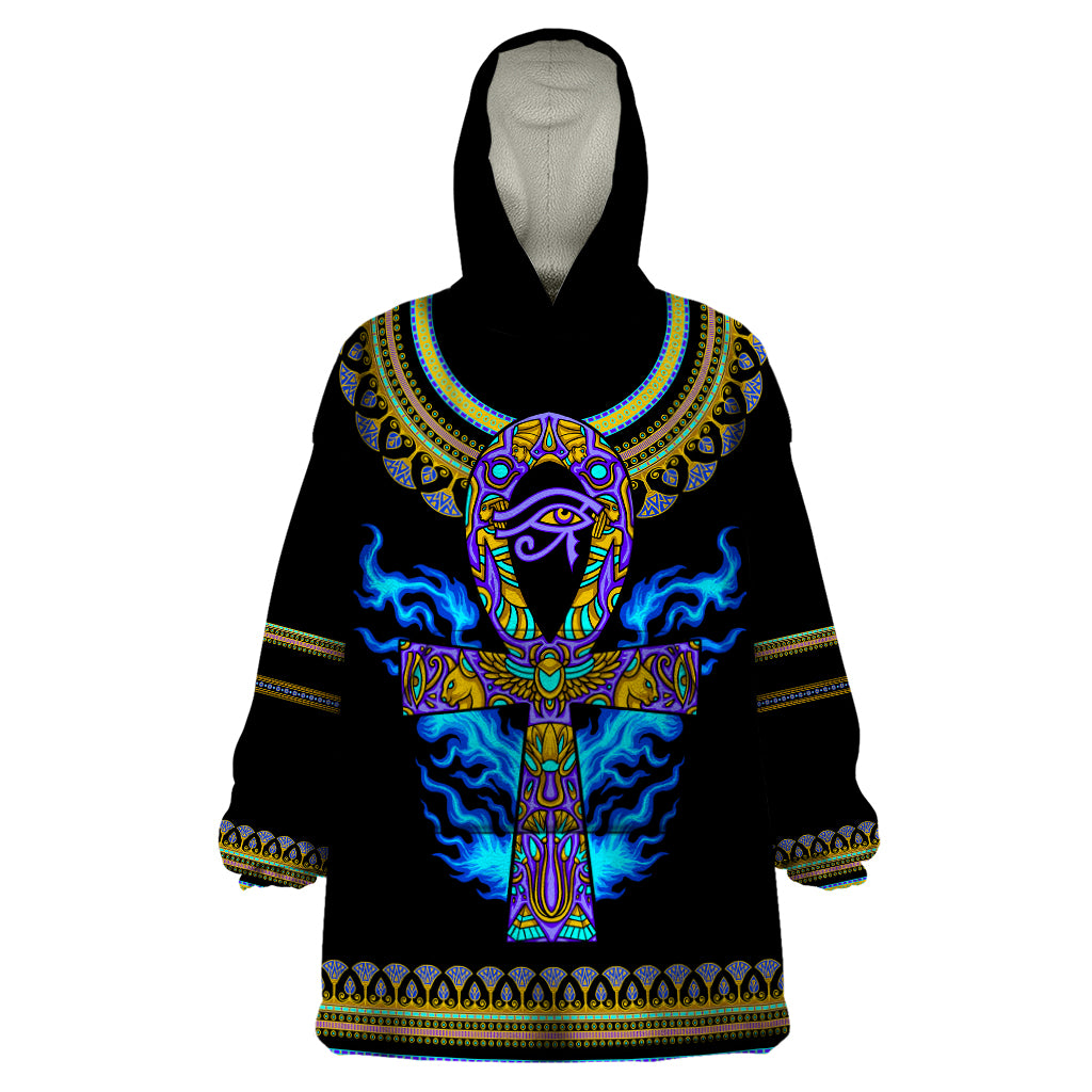 Egyptian Ankh Golden Blue Fire Wearable Blanket Hoodie - Wonder Print Shop
