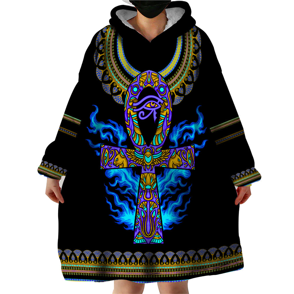 Egyptian Ankh Golden Blue Fire Wearable Blanket Hoodie - Wonder Print Shop
