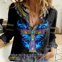 Egyptian Ankh Golden Blue Fire Women Casual Shirt - Wonder Print Shop