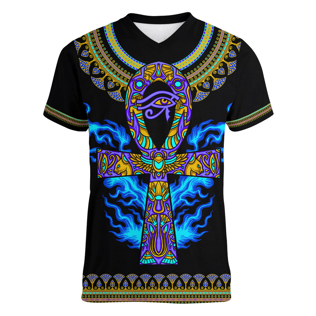 Egyptian Ankh Golden Blue Fire Women V Neck T Shirt - Wonder Print Shop