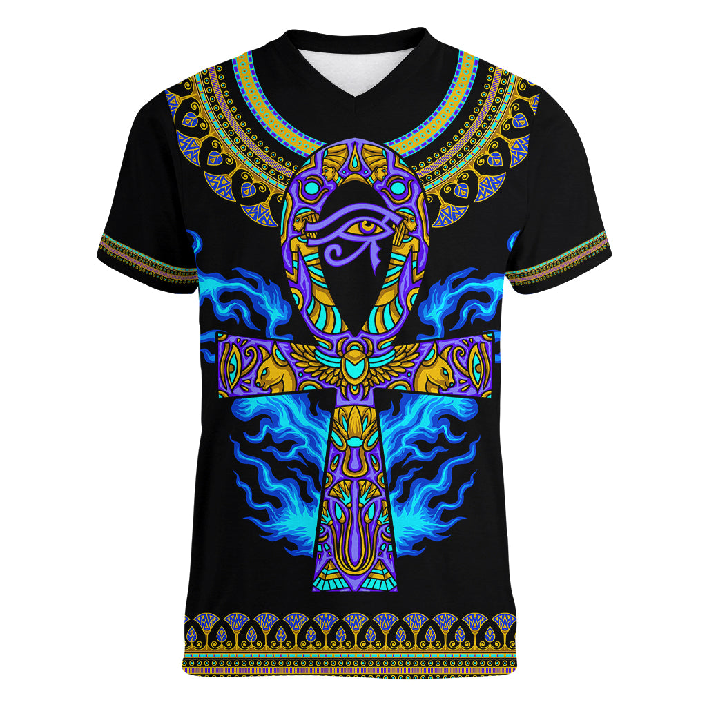egyptian-ankh-golden-blue-fire-women-v-neck-t-shirt