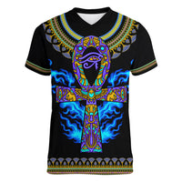 Egyptian Ankh Golden Blue Fire Women V Neck T Shirt - Wonder Print Shop