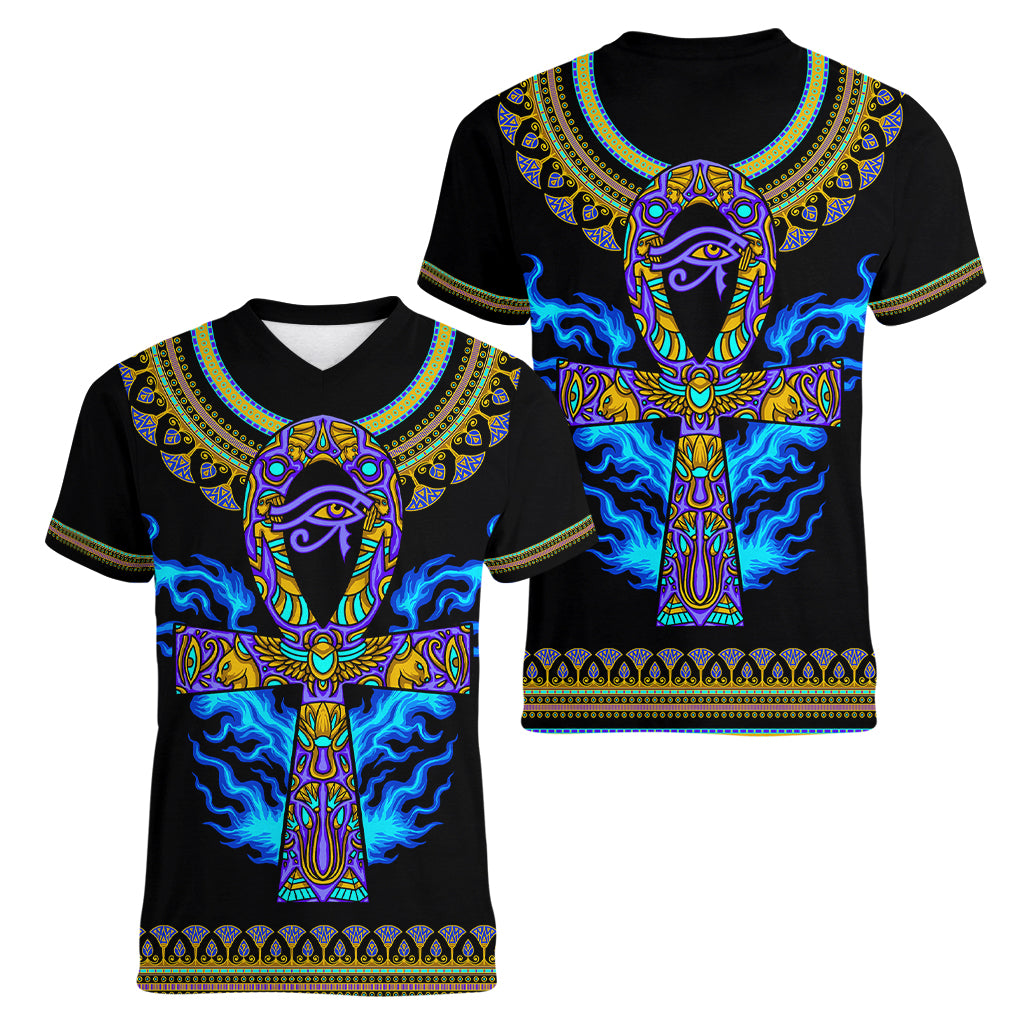 Egyptian Ankh Golden Blue Fire Women V Neck T Shirt - Wonder Print Shop