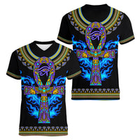 Egyptian Ankh Golden Blue Fire Women V Neck T Shirt - Wonder Print Shop