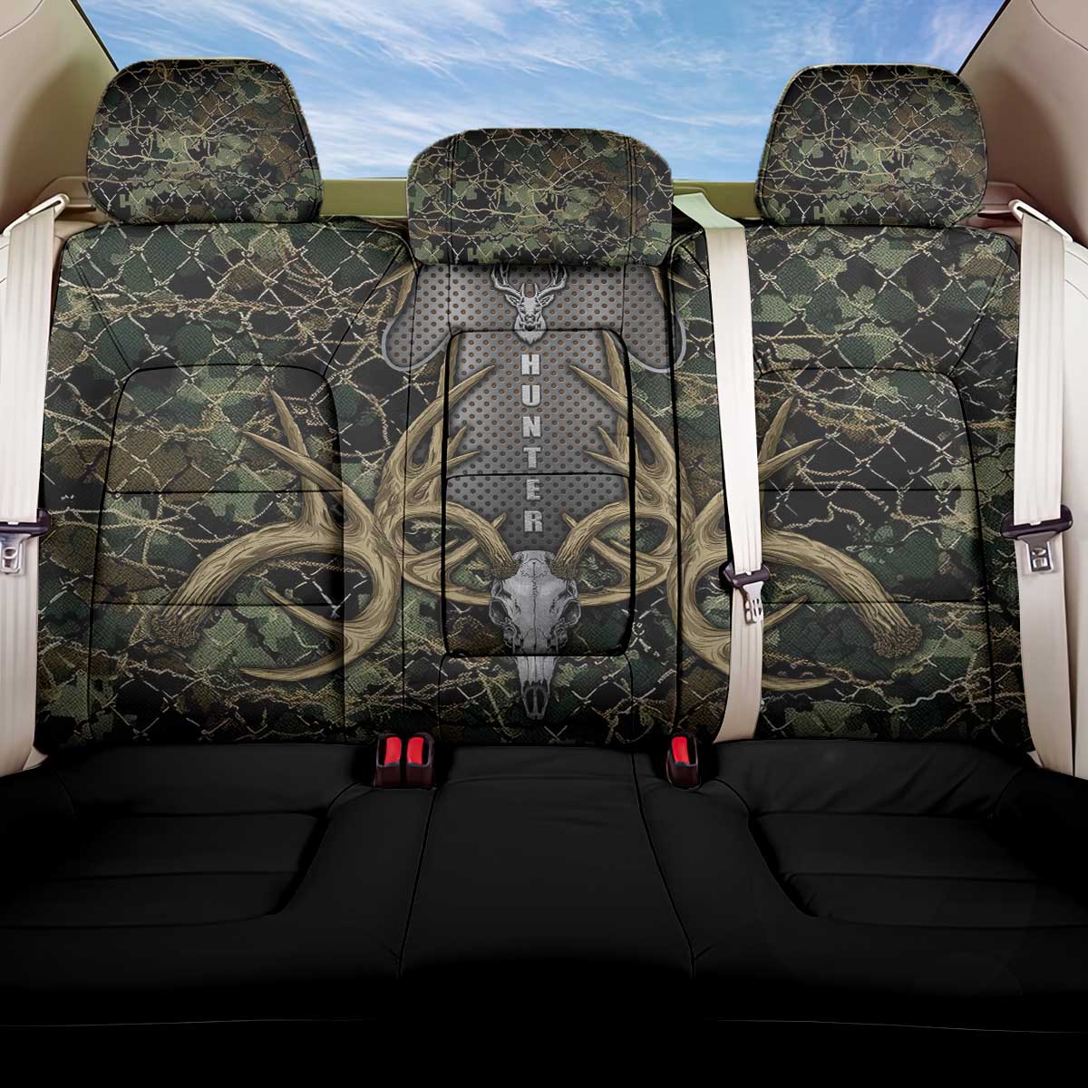 Skull Deer Hunting Camouflage Pattern Back Car Seat Cover Rustic Hunting Metal Mesh Background Art - Wonder Print Shop