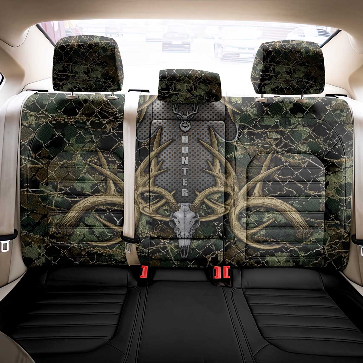 Skull Deer Hunting Camouflage Pattern Back Car Seat Cover Rustic Hunting Metal Mesh Background Art - Wonder Print Shop
