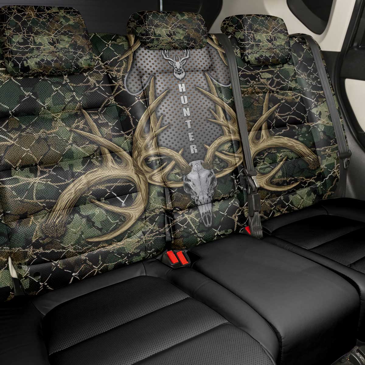 Skull Deer Hunting Camouflage Pattern Back Car Seat Cover Rustic Hunting Metal Mesh Background Art - Wonder Print Shop