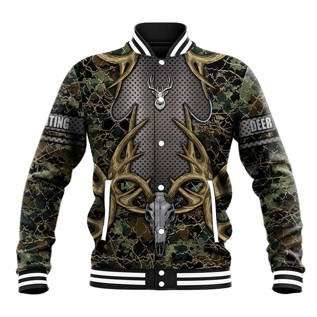 Skull Deer Hunting Camouflage Pattern Baseball Jacket Rustic Hunting Metal Mesh Background Art - Wonder Print Shop