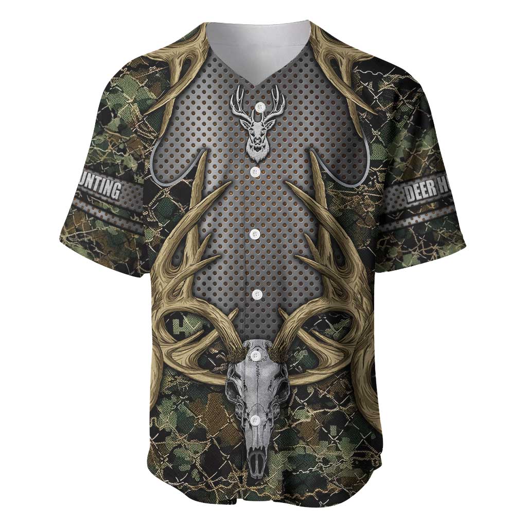 Skull Deer Hunting Camouflage Pattern Baseball Jersey Rustic Hunting Metal Mesh Background Art - Wonder Print Shop