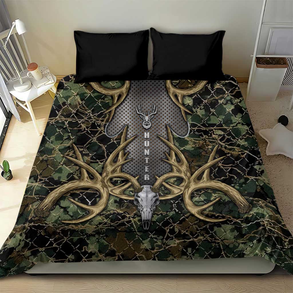 Skull Deer Hunting Camouflage Pattern Bedding Set Rustic Hunting Metal Mesh Background Art - Wonder Print Shop