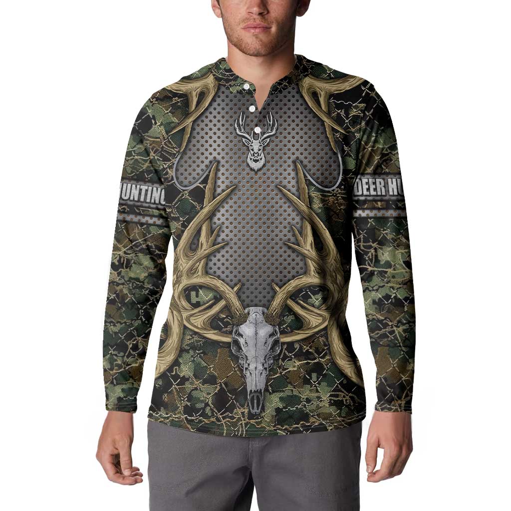 Skull Deer Hunting Camouflage Pattern Button Sweatshirt Rustic Hunting Metal Mesh Background Art - Wonder Print Shop