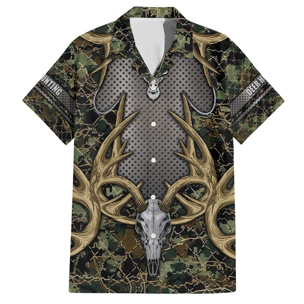Skull Deer Hunting Camouflage Pattern Hawaiian Shirt Rustic Hunting Metal Mesh Background Art - Wonder Print Shop