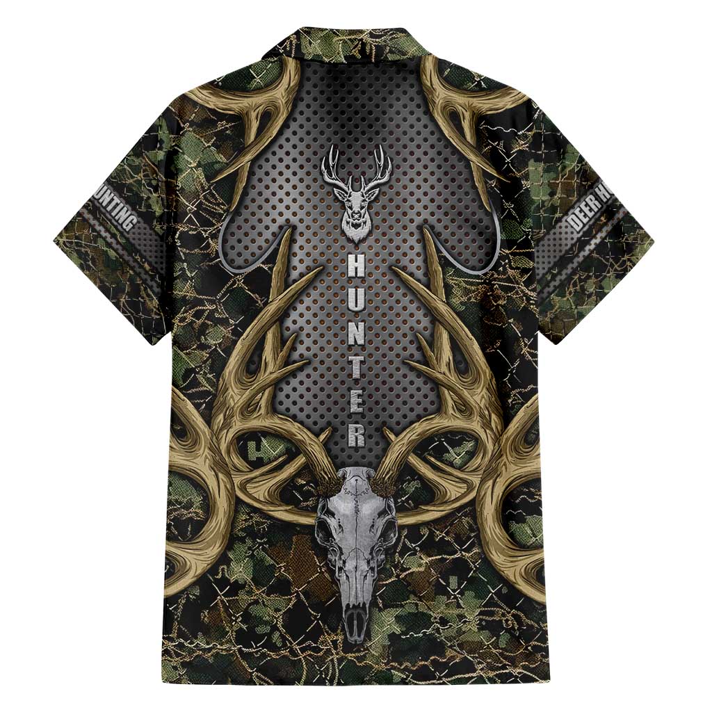 Skull Deer Hunting Camouflage Pattern Hawaiian Shirt Rustic Hunting Metal Mesh Background Art - Wonder Print Shop