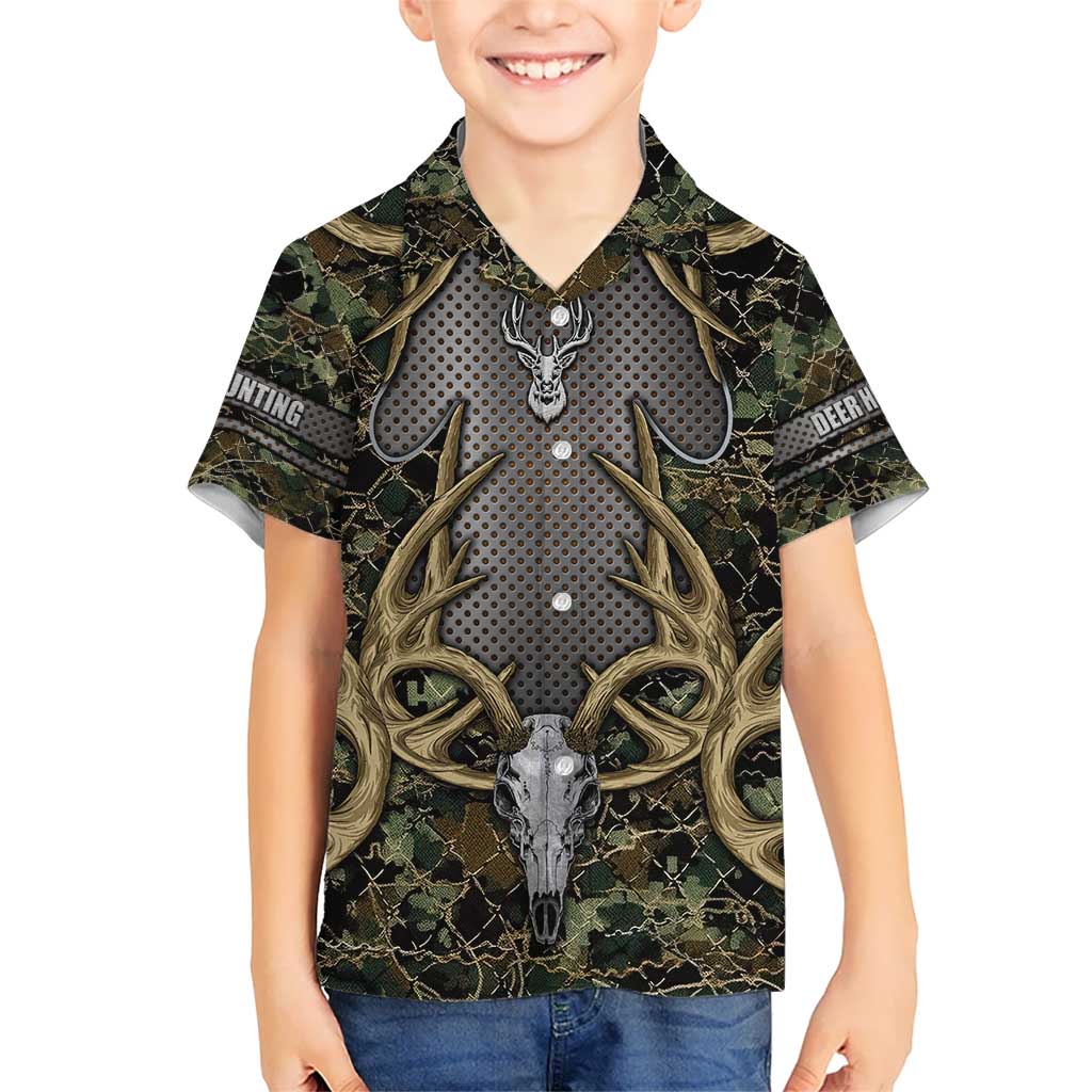 Skull Deer Hunting Camouflage Pattern Hawaiian Shirt Rustic Hunting Metal Mesh Background Art - Wonder Print Shop