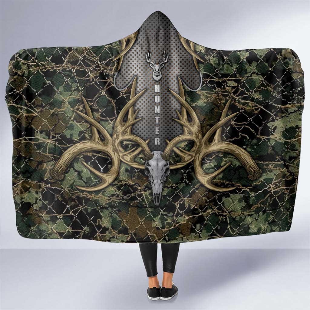Skull Deer Hunting Camouflage Pattern Hooded Blanket Rustic Hunting Metal Mesh Background Art - Wonder Print Shop