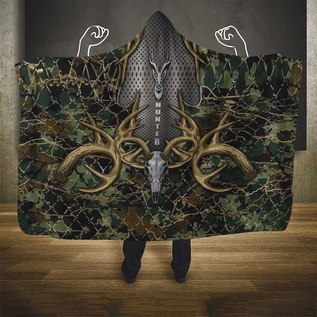 Skull Deer Hunting Camouflage Pattern Hooded Blanket Rustic Hunting Metal Mesh Background Art - Wonder Print Shop