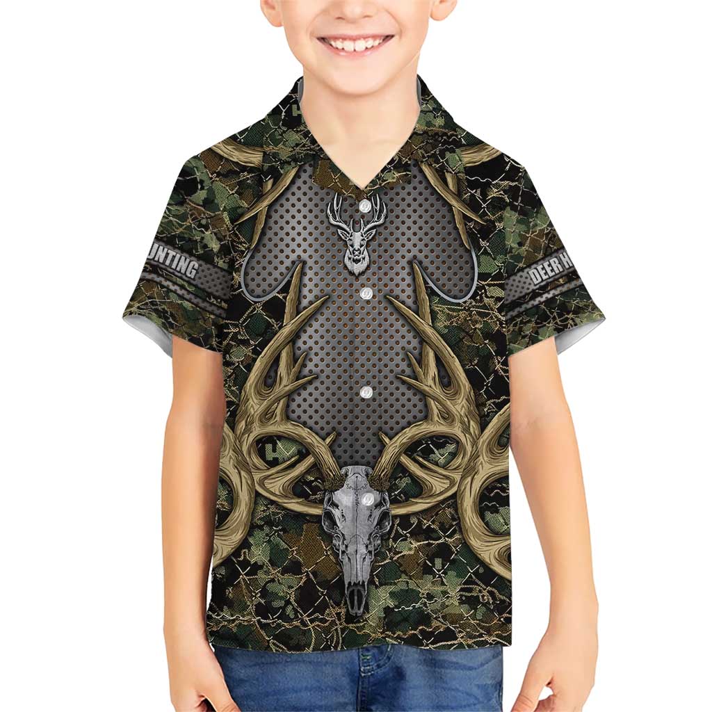 Skull Deer Hunting Camouflage Pattern Kid Hawaiian Shirt Rustic Hunting Metal Mesh Background Art - Wonder Print Shop