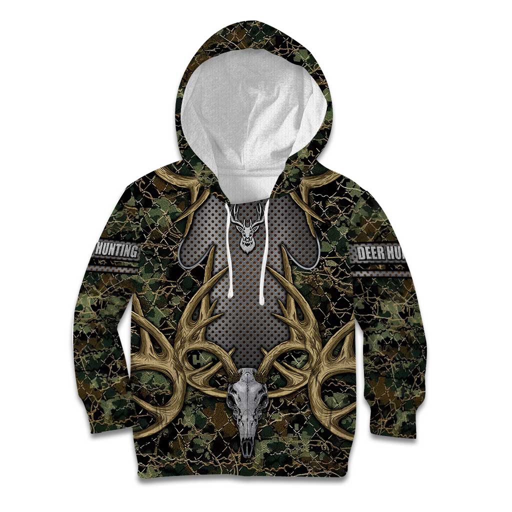 Skull Deer Hunting Camouflage Pattern Kid Hoodie Rustic Hunting Metal Mesh Background Art - Wonder Print Shop