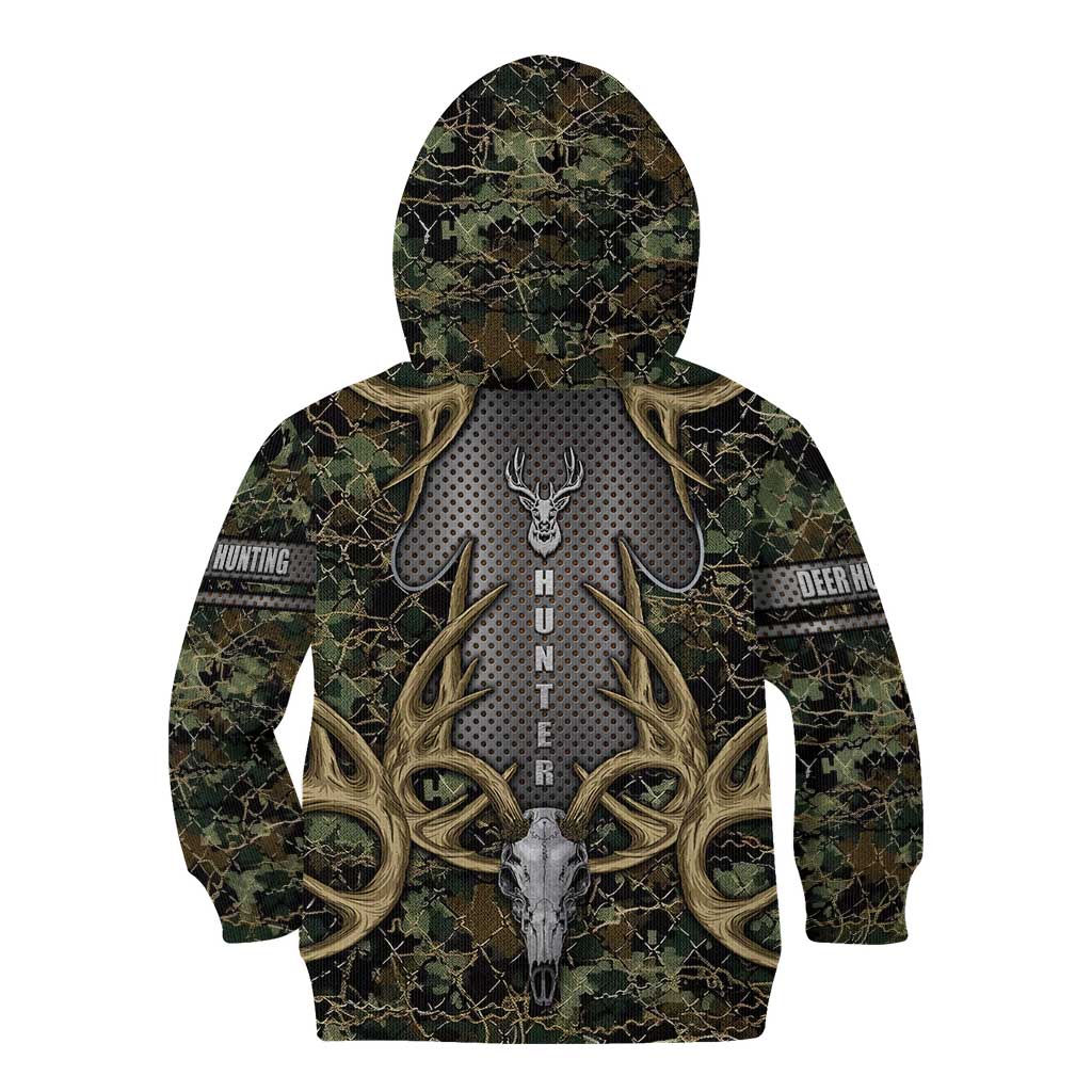 Skull Deer Hunting Camouflage Pattern Kid Hoodie Rustic Hunting Metal Mesh Background Art - Wonder Print Shop