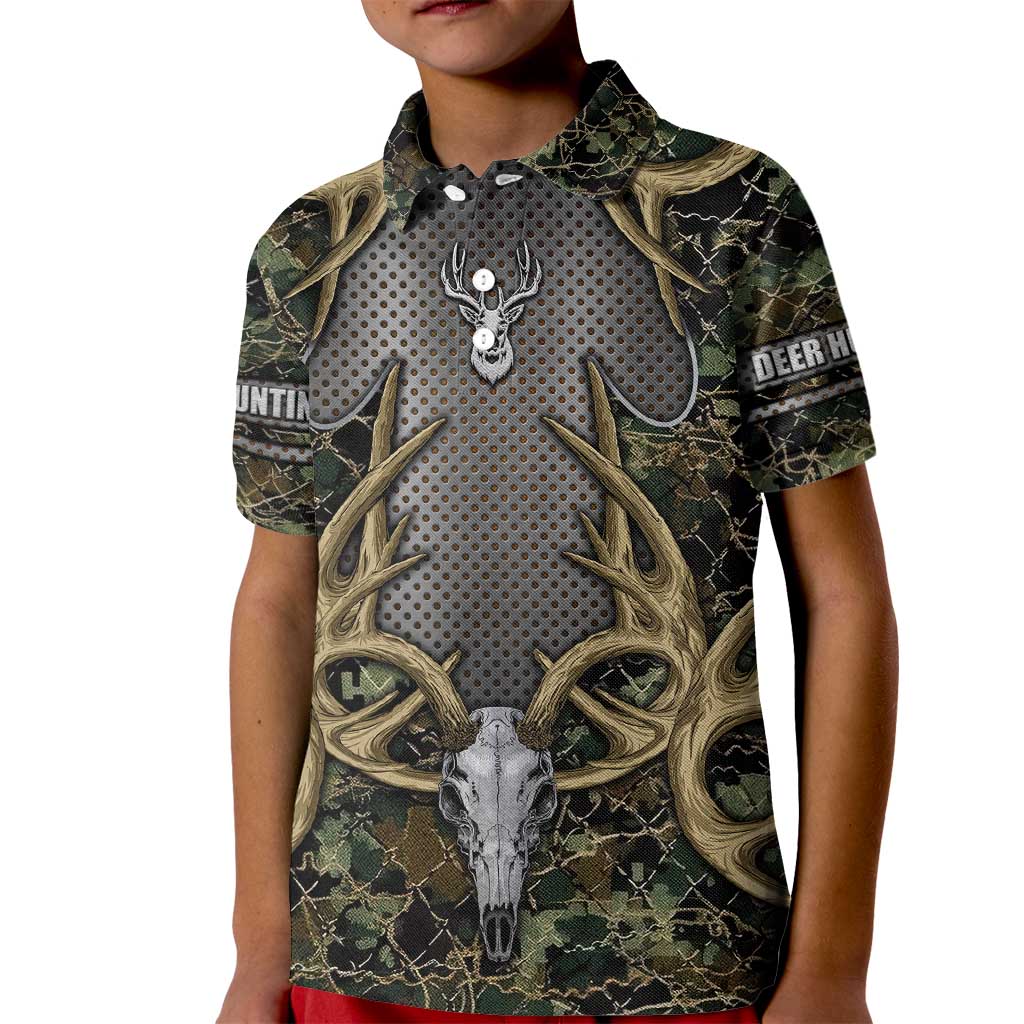 Skull Deer Hunting Camouflage Pattern Kid Polo Shirt Rustic Hunting Metal Mesh Background Art - Wonder Print Shop
