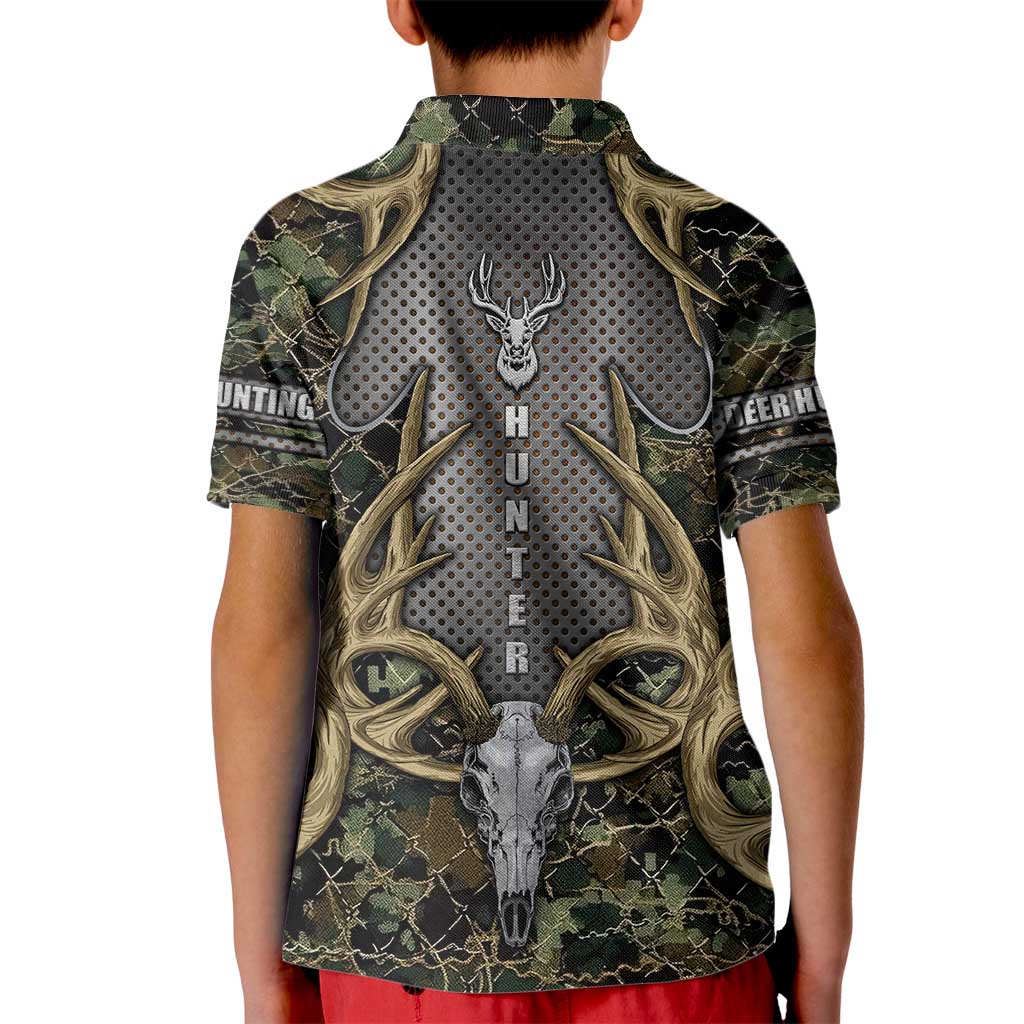 Skull Deer Hunting Camouflage Pattern Kid Polo Shirt Rustic Hunting Metal Mesh Background Art - Wonder Print Shop