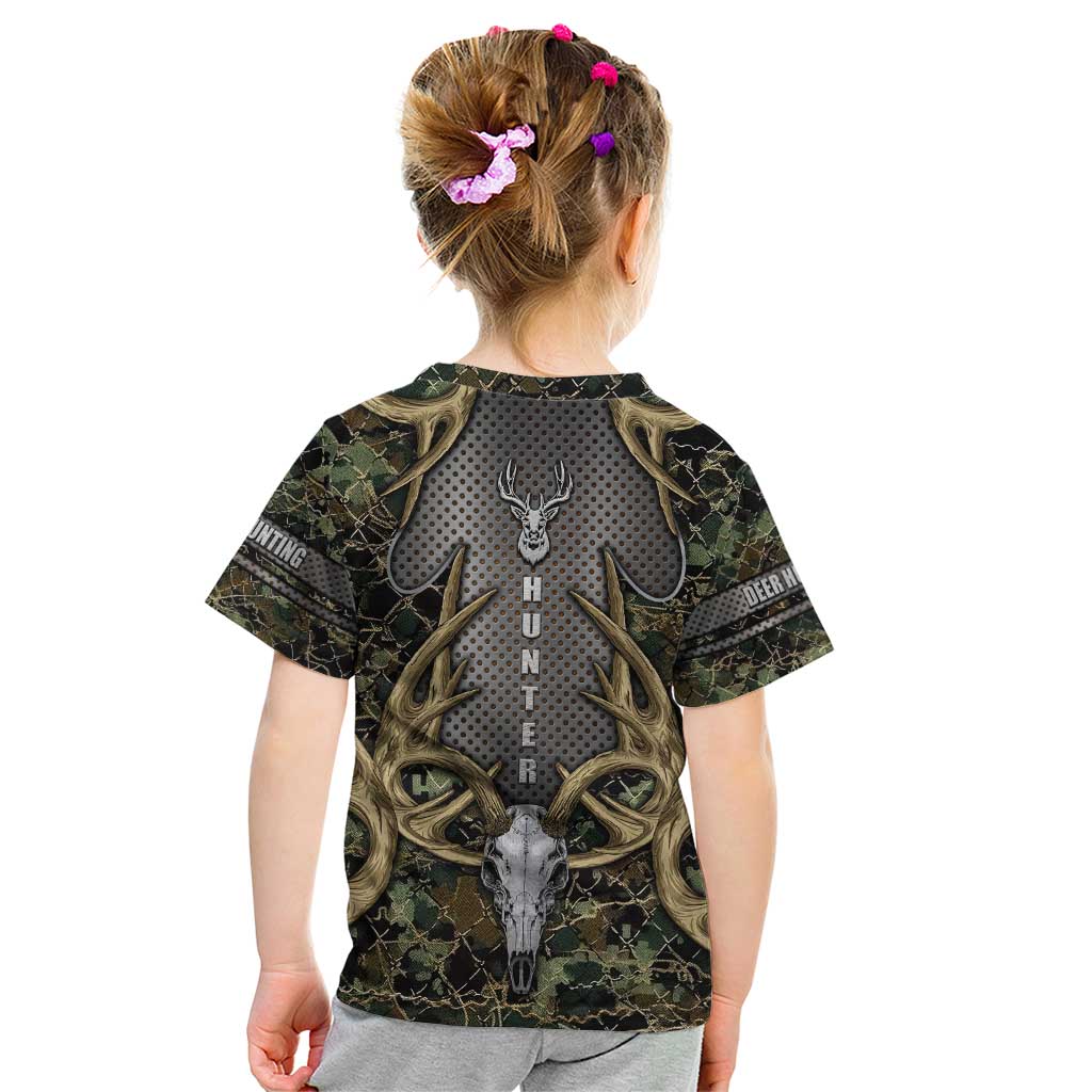 Skull Deer Hunting Camouflage Pattern Kid T Shirt Rustic Hunting Metal Mesh Background Art - Wonder Print Shop