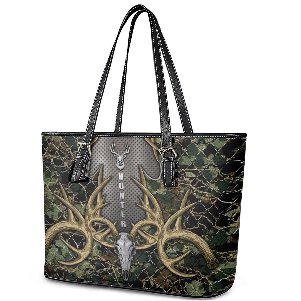 Skull Deer Hunting Camouflage Pattern Leather Tote Bag Rustic Hunting Metal Mesh Background Art - Wonder Print Shop
