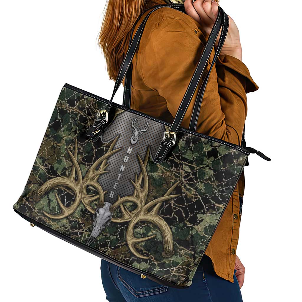 Skull Deer Hunting Camouflage Pattern Leather Tote Bag Rustic Hunting Metal Mesh Background Art - Wonder Print Shop