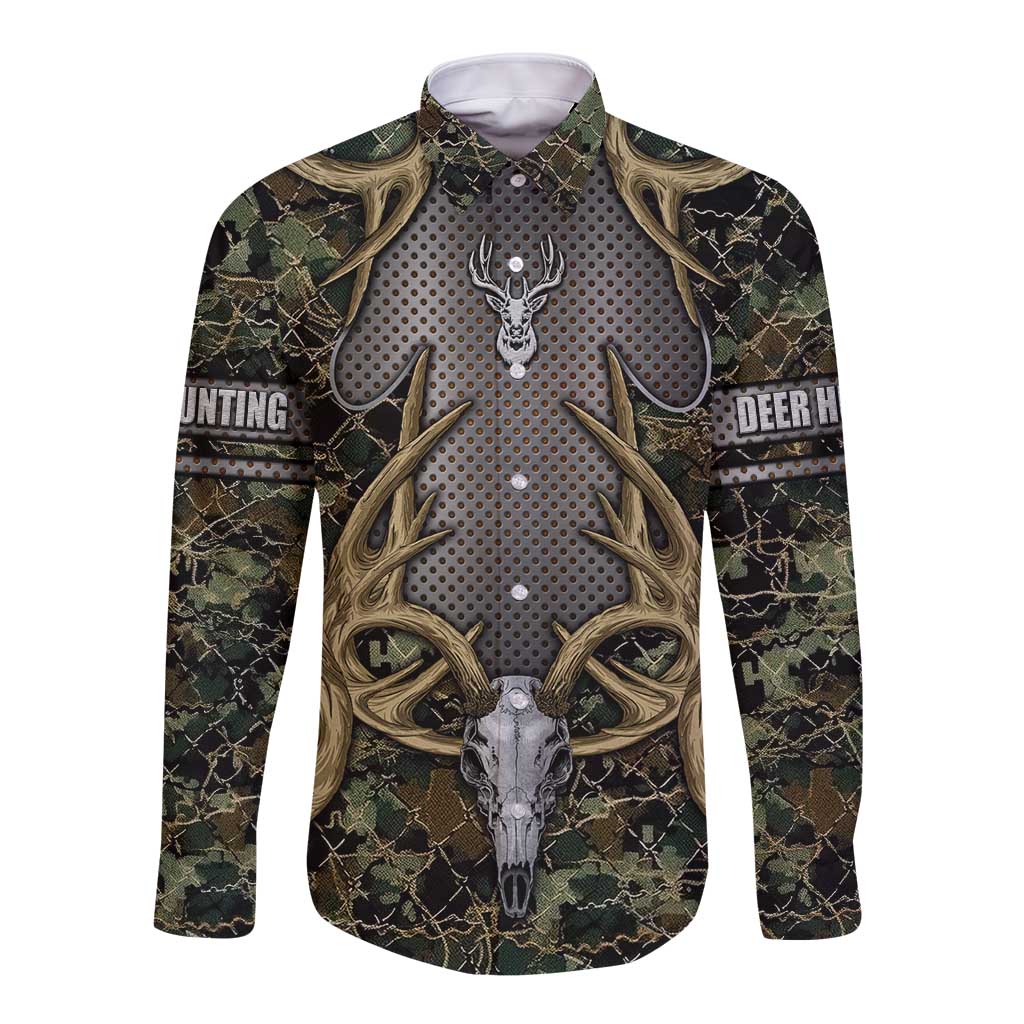 Skull Deer Hunting Camouflage Pattern Long Sleeve Button Shirt Rustic Hunting Metal Mesh Background Art - Wonder Print Shop
