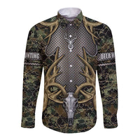 Skull Deer Hunting Camouflage Pattern Long Sleeve Button Shirt Rustic Hunting Metal Mesh Background Art - Wonder Print Shop