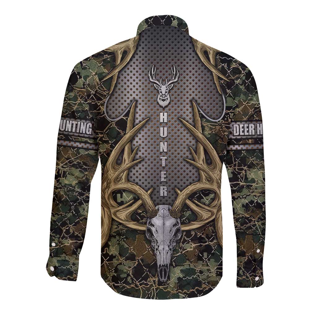 Skull Deer Hunting Camouflage Pattern Long Sleeve Button Shirt Rustic Hunting Metal Mesh Background Art - Wonder Print Shop