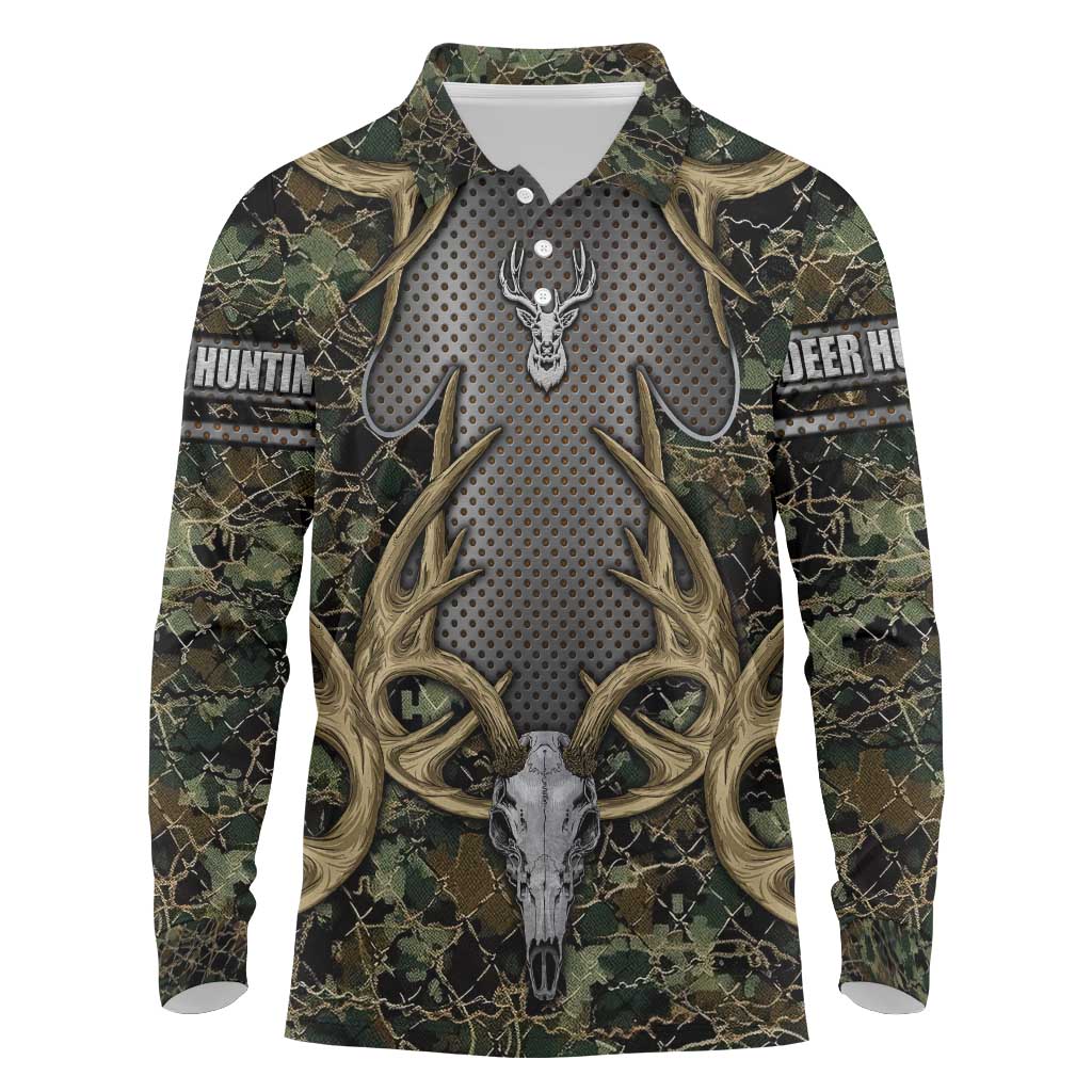 Skull Deer Hunting Camouflage Pattern Long Sleeve Polo Shirt Rustic Hunting Metal Mesh Background Art - Wonder Print Shop