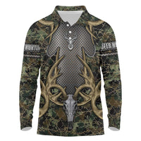 Skull Deer Hunting Camouflage Pattern Long Sleeve Polo Shirt Rustic Hunting Metal Mesh Background Art - Wonder Print Shop