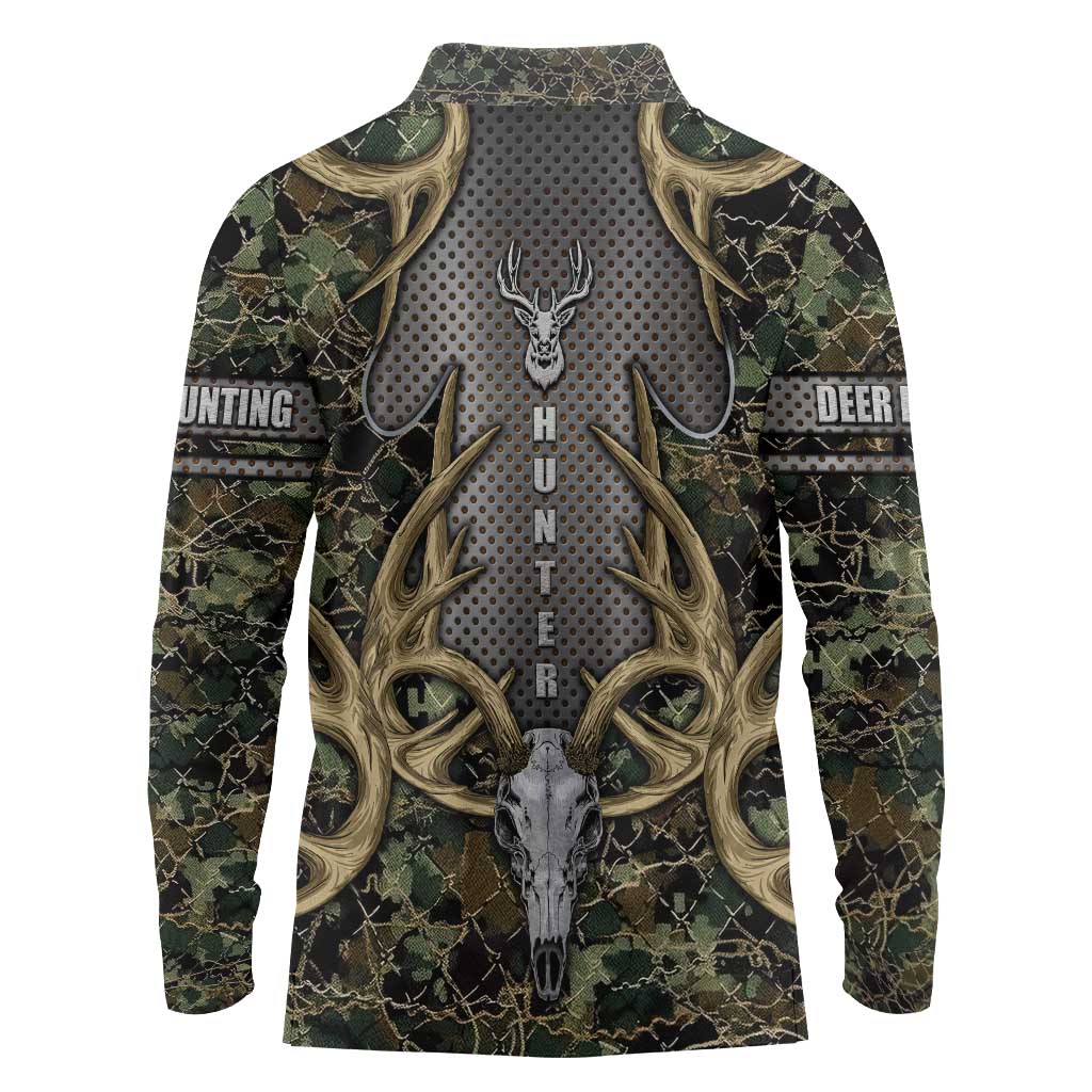 Skull Deer Hunting Camouflage Pattern Long Sleeve Polo Shirt Rustic Hunting Metal Mesh Background Art - Wonder Print Shop