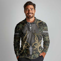 Skull Deer Hunting Camouflage Pattern Long Sleeve Polo Shirt Rustic Hunting Metal Mesh Background Art - Wonder Print Shop