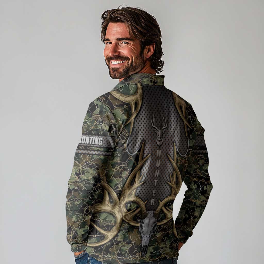 Skull Deer Hunting Camouflage Pattern Long Sleeve Polo Shirt Rustic Hunting Metal Mesh Background Art - Wonder Print Shop